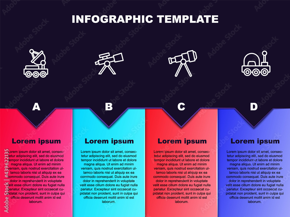Set line Mars rover, Telescope, and . Business infographic template. Vector