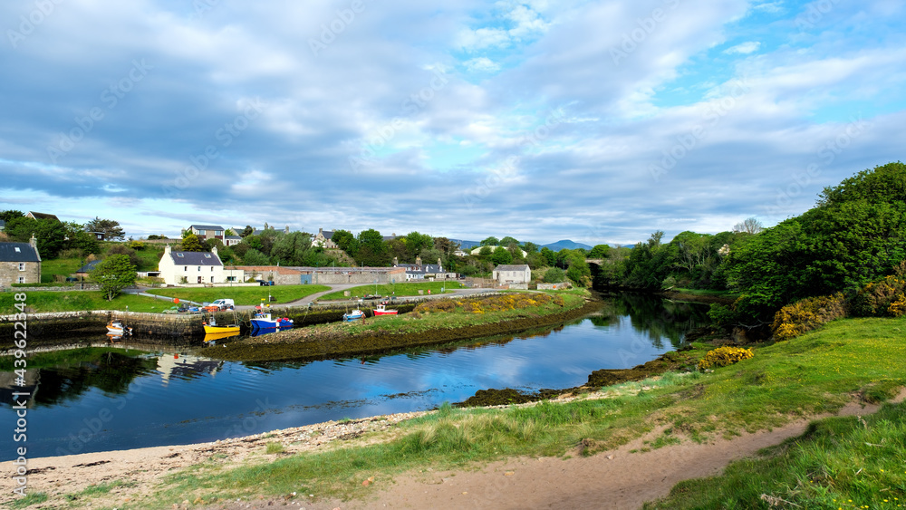 Brora harbour and the River Brora bathed in summer sunshine