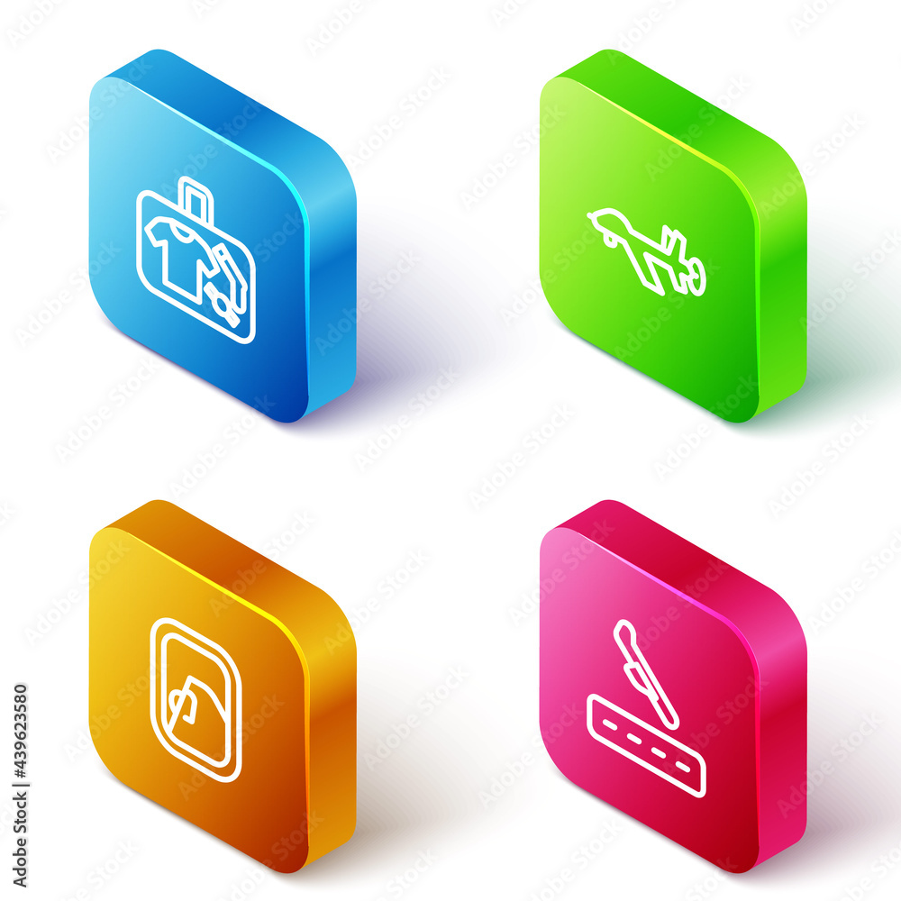 Set Isometric line Suitcase, UAV Drone, Airplane window and Plane landing icon. Vector Set Isometric line Suitcase, UAV Drone, Airplane window and Plane landing icon. Vector