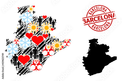 Textured Barcelona stamp seal, and sunny men syringe collage map of Barcelona Province. Red round stamp seal has Barcelona tag inside circle. Map of Barcelona Province mosaic is made with cold, sun,