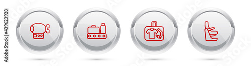 Set line Airship, Conveyor belt with suitcase, Suitcase and Airplane seat. Silver circle button. Vector