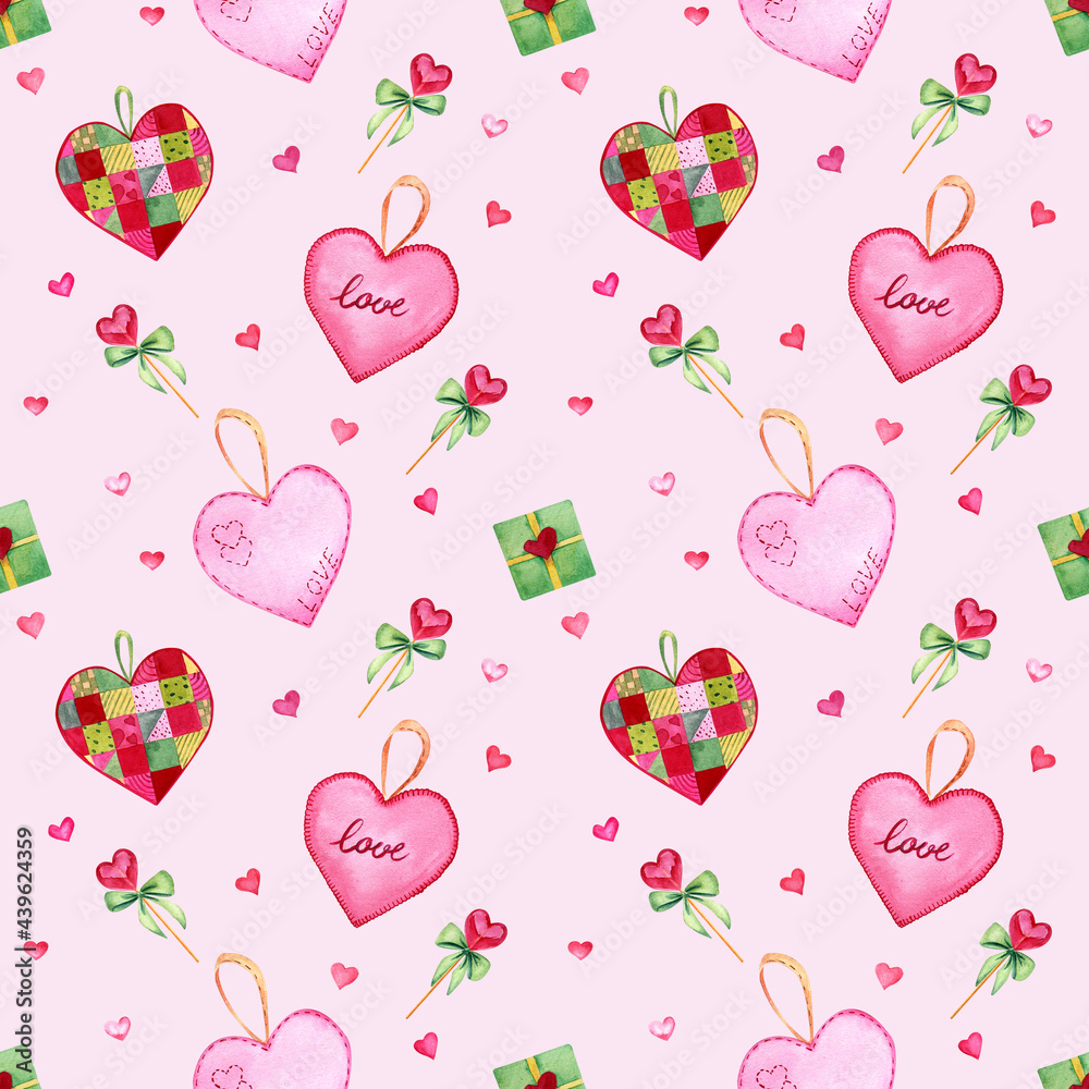 Valentine's day seamless pattern on pink background. Watercolor illustration