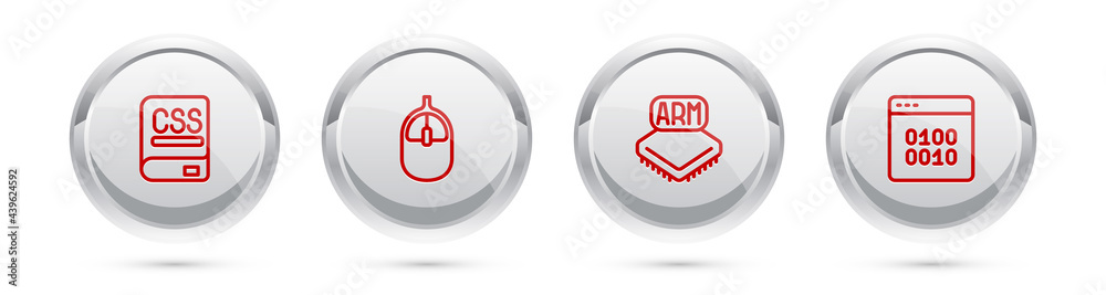 Set line Books about programming, Computer mouse, Processor and Binary code. Silver circle button. Vector Set line Books about programming, Computer mouse, Processor and Binary code. Silver circle button. Vector