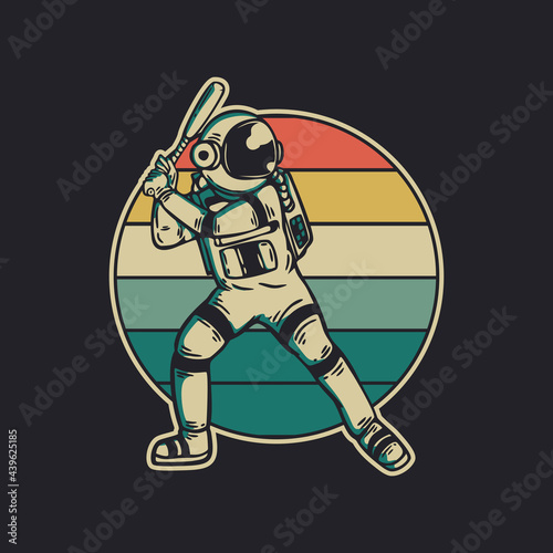 vintage design astronaut playing baseball retro vintage illustration