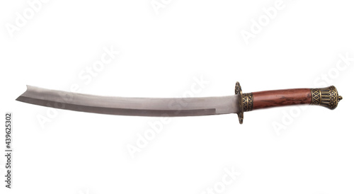 Katana saber with beautiful patterns on a white background, isolate. Close-up