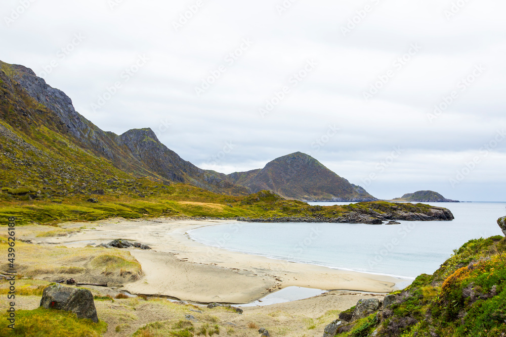 Autumn landscape and beach in Lofoten Islands, Northern Norway