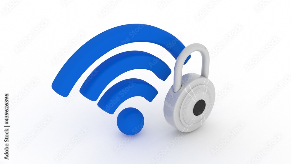 3d illustration wifi network signal with lock 3d illustration wifi network signal with lock
