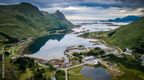 Lofoten Islands, Norway. A small village by the sea. Top view