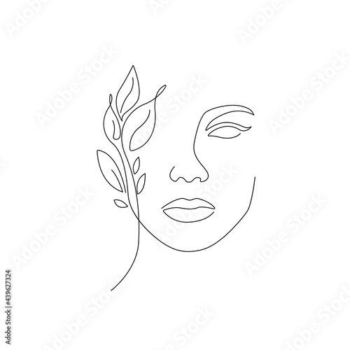 Woman Face with Flowers Line Art Drawing. Continuous One Line Drawing of Flowers on Female Head Minimalist Style. Vector Illustration for Nature Cosmetic  Print. Minimalist Black White Drawing Artwork