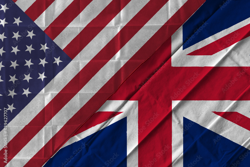 Concept of the relationship between  the United States of America (USA) and the United Kingdom (Britain) with two flags over each other