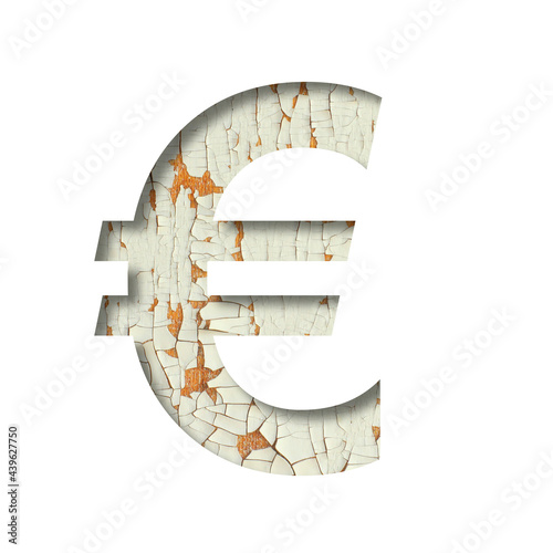 Rustic font. Euro money business symbol cut out of paper on the background of old rustic wall with peeling paint and cracks. Set of simple decorative fonts