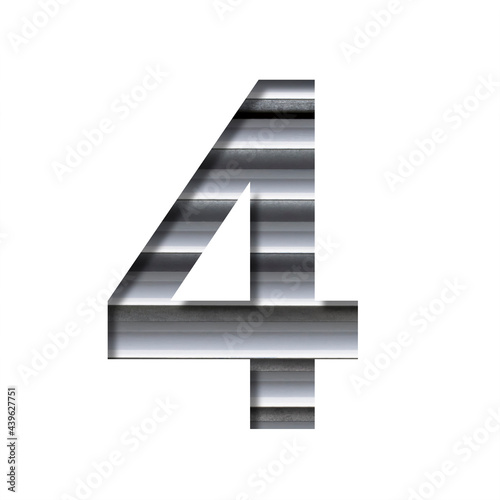 Modern industrial font. Digit four, 4 cut out of paper on the background of industrial ventilation grates or blinds. Set of steel structures fonts.