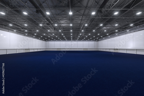 Empty hall exhibition center.Backdrop for exhibition stands,booth elements.Conversation center for conference.Big Arena for entertainment,concert,event. Indoor stadium for sport.blue carpet.3d render.