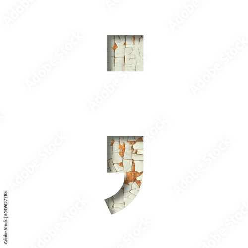 Rustic font. Punctuation marks dot and comma cut out of paper on the background of old rustic wall with peeling paint and cracks. Set of simple decorative fonts