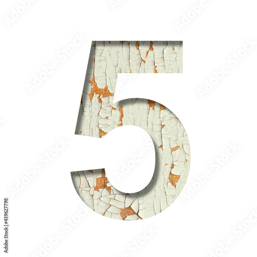 Rustic font. Digit five, 5 cut out of paper on the background of old rustic wall with peeling paint and cracks. Set of simple decorative fonts