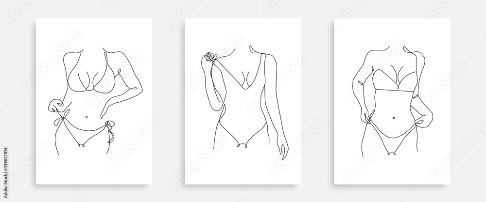 Fototapeta premium Female Body Line Art Set of 3 Prints. Woman Body One Line Art Drawing. Modern Minimalist Illustration for Wall Art Print, Poster, Social Media. Vector EPS 10