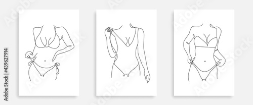 Female Body Line Art Set of 3 Prints. Woman Body One Line Art Drawing. Modern Minimalist Illustration for Wall Art Print, Poster, Social Media. Vector EPS 10