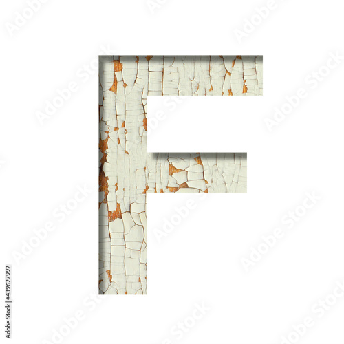 Rustic font. The letter F cut out of paper on the background of old rustic wall with peeling paint and cracks. Set of simple decorative fonts