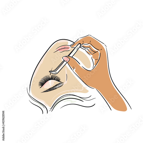 Woman face. Eyelash Extension. Procedure for eyelash extension. Master tweezers add the false or fake cilia to the client. Logo.Stock vector illustration isolated on white background.