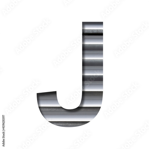 Industrial font. The letter J cut out of paper on the background of industrial ventilation grates or blinds. Set of steel structures fonts.