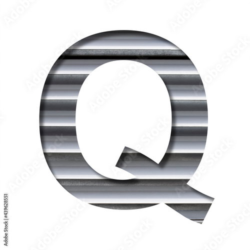Industrial font. The letter Q cut out of paper on the background of industrial ventilation grates or blinds. Set of steel structures fonts.