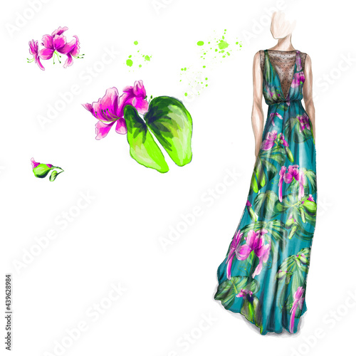 watercolor fashion illustration of a beautiful girl in a boho style tropical dress with the magnolia flowers and palm leaves