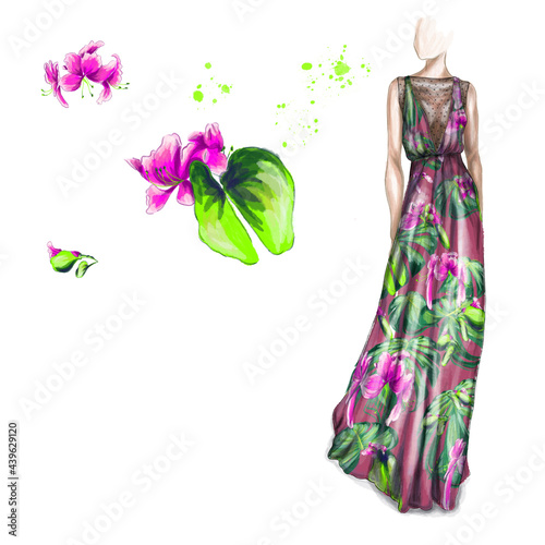 watercolor fashion illustration of a beautiful girl in a boho style tropical dress with the magnolia flowers and palm leaves