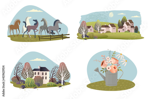 Organic farming, agriculture and gardening. Vector illustrations of rural motifs for web banners and background, poster, cards, business presentation, marketing material. 