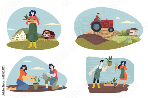 Organic farming, agriculture and gardening. Vector illustrations of organic food production, for web banners and background, poster, business presentation, marketing material for food market. 
