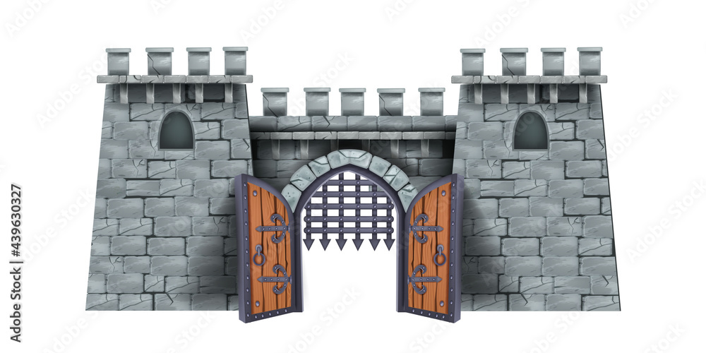 Old castle tower vector illustration, stone medieval cartoon fortress, wooden open city gate, grate. Ancient double door, arch portal entrance, citadel game object front view. Brick castle tower - obrazy, fototapety, plakaty 
