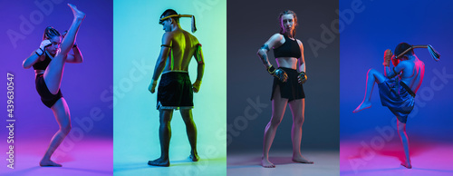 Men against women. Young MMA fighters practicing isolated over gray purple background in neon light. Flyer