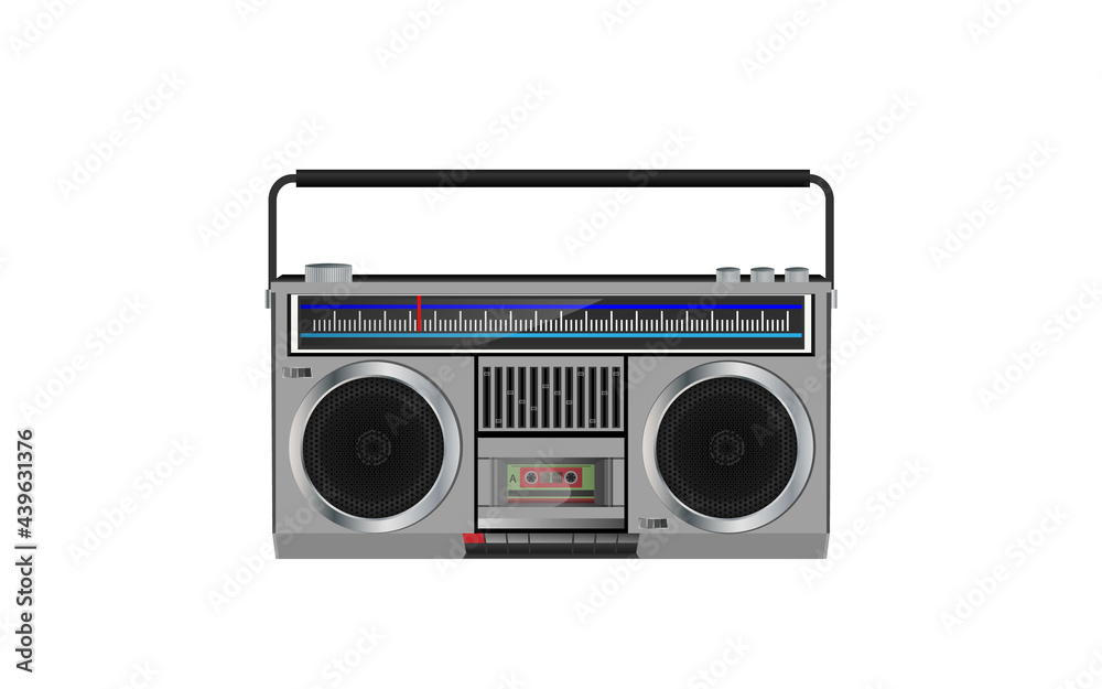 Stock vector illustration boombox. Vintage boombox speaker. Boombox Cassette Stereo Recorder from the Eighties Bass Sound.