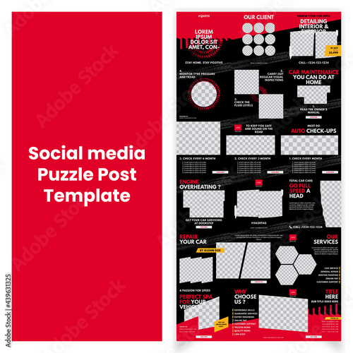 Set of editable square instagram post, puzzle automotive, garage body repairs, paint, wheel trails with black, red design vector template