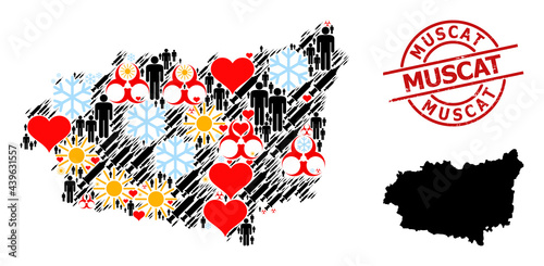 Rubber Muscat seal, and heart patients inoculation mosaic map of Leon Province. Red round seal includes Muscat tag inside circle. Map of Leon Province collage is done from cold, sunny, love, people,