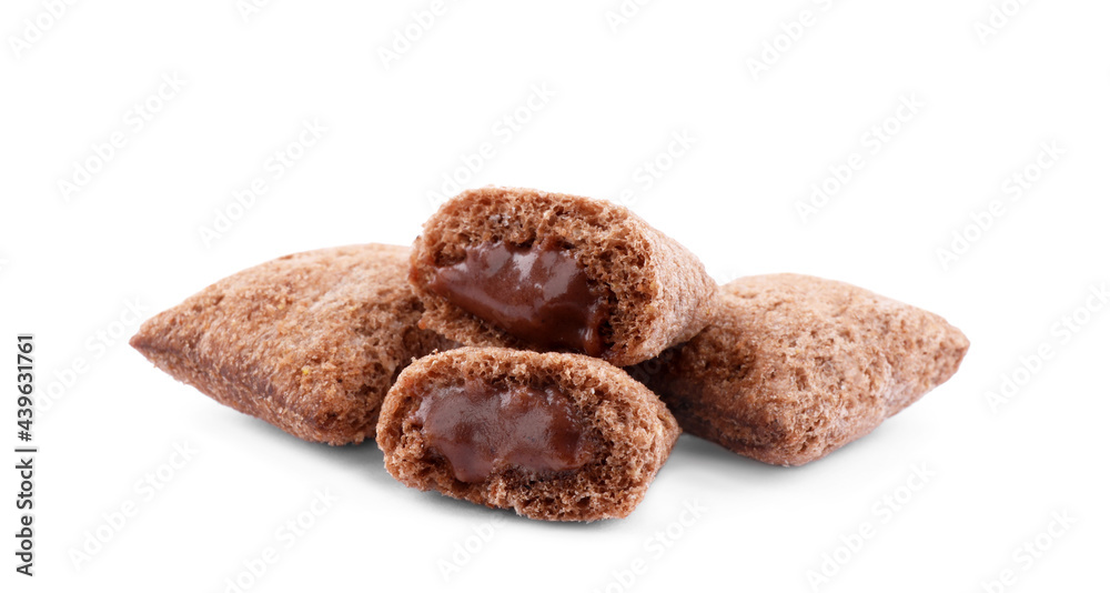 Broken chocolate corn pads on white background Broken chocolate corn pads on white background