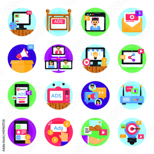 Pack of Online Marketing Flat Rounded Icons 

