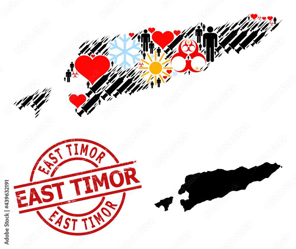 Grunge East Timor stamp seal, and winter people inoculation collage map