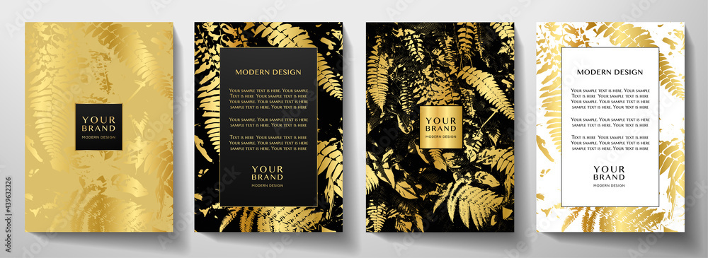 Tropical cover design set with golden leaf (tree branch) print on background. Holiday black and gold exotic pattern for vector wedding card, luxury menu template, summer holiday poster - obrazy, fototapety, plakaty 