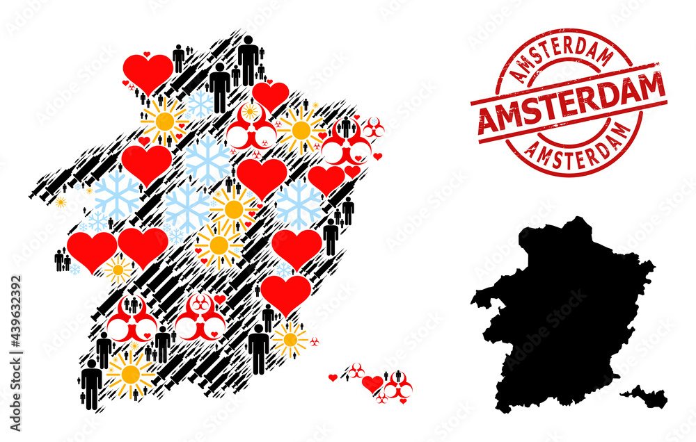 Textured Amsterdam stamp, and heart men infection treatment mosaic map of Limburg Province. Red round stamp includes Amsterdam title inside circle.