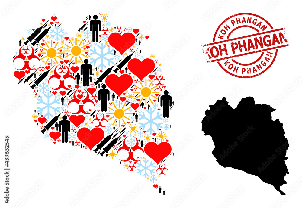 Scratched Koh Phangan stamp, and heart population inoculation collage map of Koh Phangan. Red round stamp includes Koh Phangan title inside circle. Map of Koh Phangan collage is composed with frost,