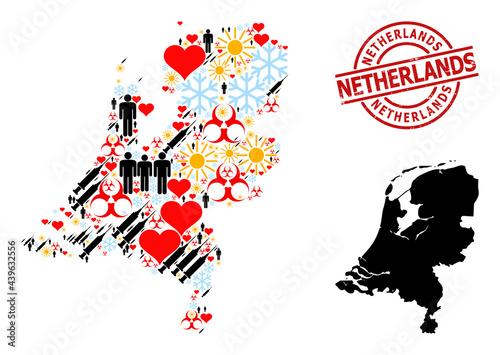 Rubber Netherlands stamp seal, and sunny man Covid-2019 treatment mosaic map of Netherlands. Red round badge contains Netherlands tag inside circle. Map of Netherlands mosaic is created from cold,
