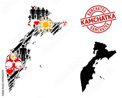 Distress Kamchatka stamp, and frost demographics Covid-2019 treatment collage map of Kamchatka Peninsula. Red round seal includes Kamchatka title inside circle.