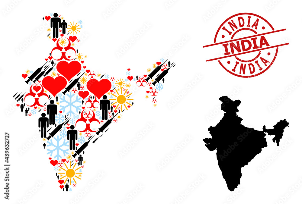 Distress India stamp, and sunny demographics infection treatment collage map of India. Red round stamp contains India tag inside circle. Map of India mosaic is made with frost, sunny, healthcare,