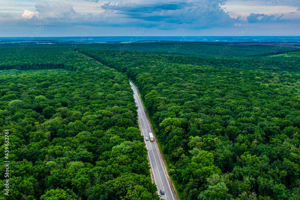 white truck driving on asphalt road through a green forest. Drone top view. Aerial view landscape.