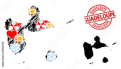 Textured Guadeloupe badge, and frost population Covid-2019 treatment mosaic map of Guadeloupe. Red round seal contains Guadeloupe text inside circle. Map of Guadeloupe mosaic is constructed with cold,