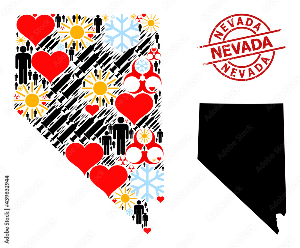 Grunge Nevada stamp seal, and heart humans inoculation mosaic map of Nevada State. Red round stamp has Nevada caption inside circle. Map of Nevada State mosaic is composed from snow, sunny, heart, Grunge Nevada stamp seal, and heart humans inoculation mosaic map of Nevada State. Red round stamp has Nevada caption inside circle. Map of Nevada State mosaic is composed from snow, sunny, heart,