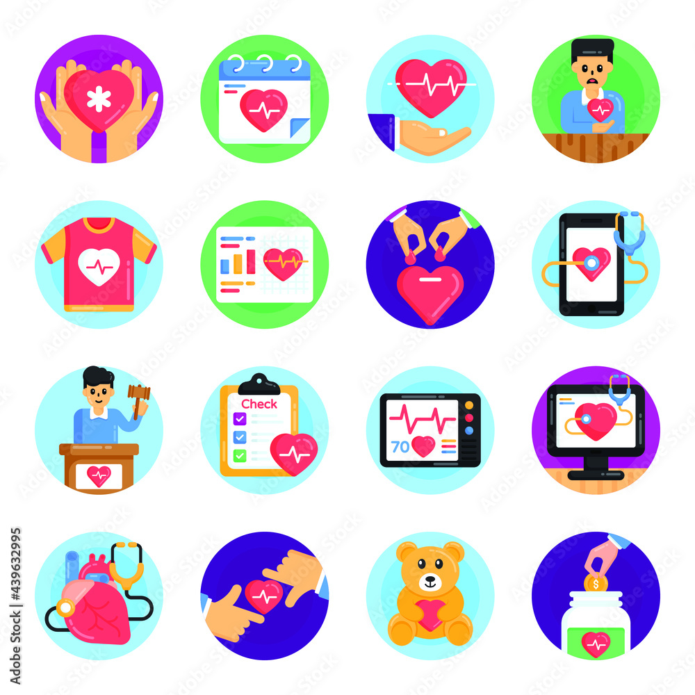 Set of World Heart Day Flat Icons
