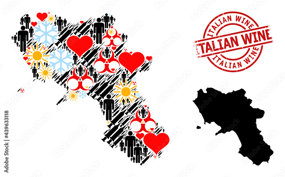 Distress Italian Wine seal, and heart people infection treatment mosaic map of Campania region. Red round seal includes Italian Wine tag inside circle.