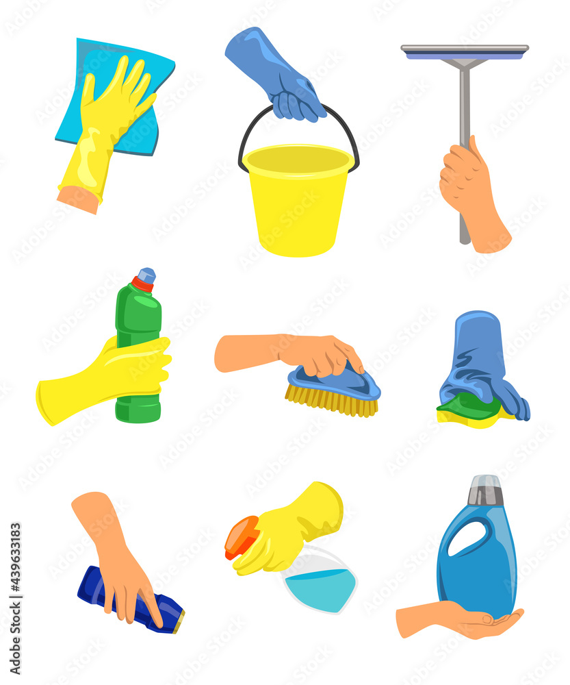 Hands with cleaning equipment illustrations in cartoon style. Household maintenance and cleaning tools with arms. Tools for making house clean. Cleanliness concept for advertisement or banner designs Hands with cleaning equipment illustrations in cartoon style. Household maintenance and cleaning tools with arms. Tools for making house clean. Cleanliness concept for advertisement or banner designs