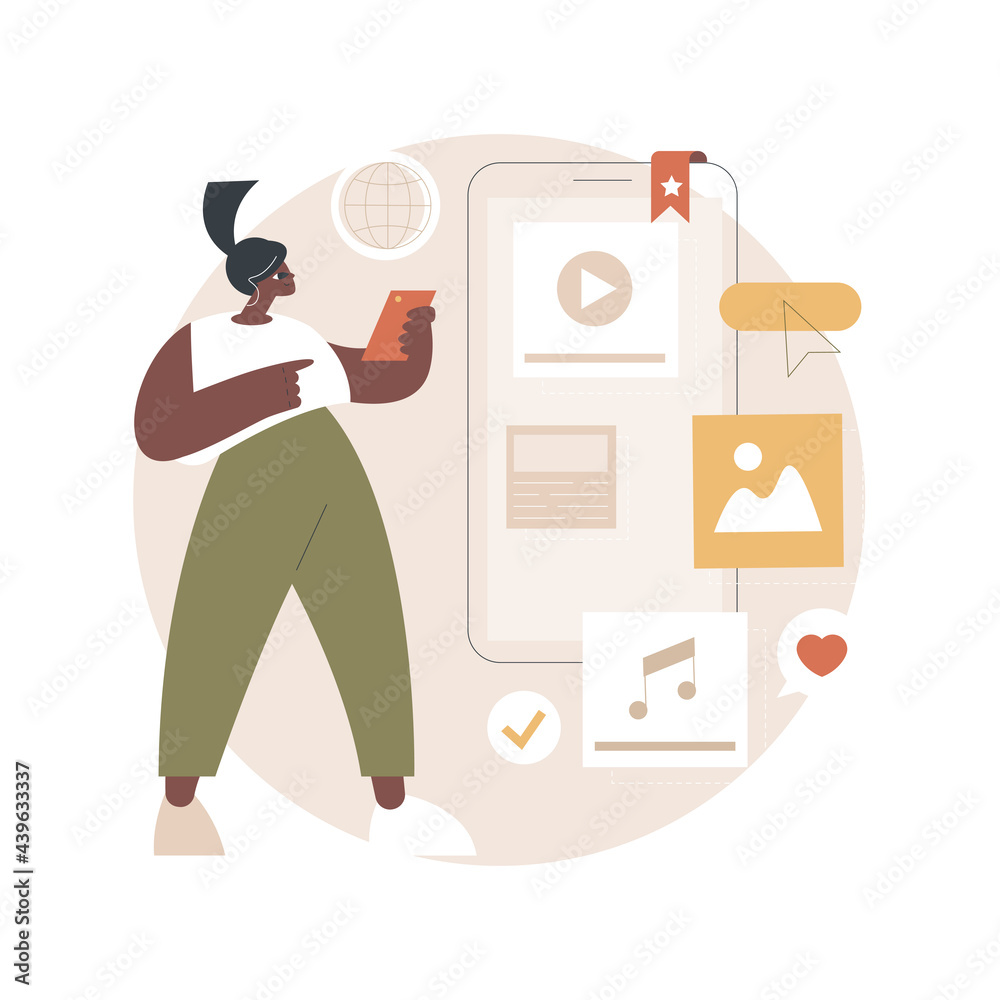 Mobile content abstract concept vector illustration. Online news notification, live stream, content creation and management, rss feed, mobile marketing, in-app advertising abstract metaphor. Mobile content abstract concept vector illustration. Online news notification, live stream, content creation and management, rss feed, mobile marketing, in-app advertising abstract metaphor.